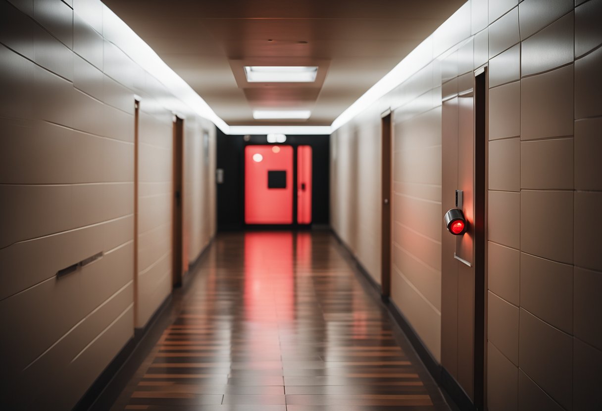 Sistemas de Detección de Intrusos 1 A motion sensor detecting an intruder in a dimly lit hallway, with a red light flashing and casting eerie shadows on the walls