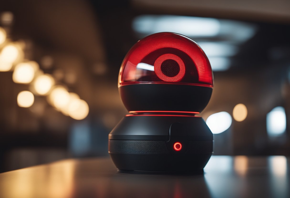 Sistemas de Detección de Intrusos 2 A motion sensor detects movement in a dimly lit room. A red alarm light flashes above the sensor, indicating a potential intrusion