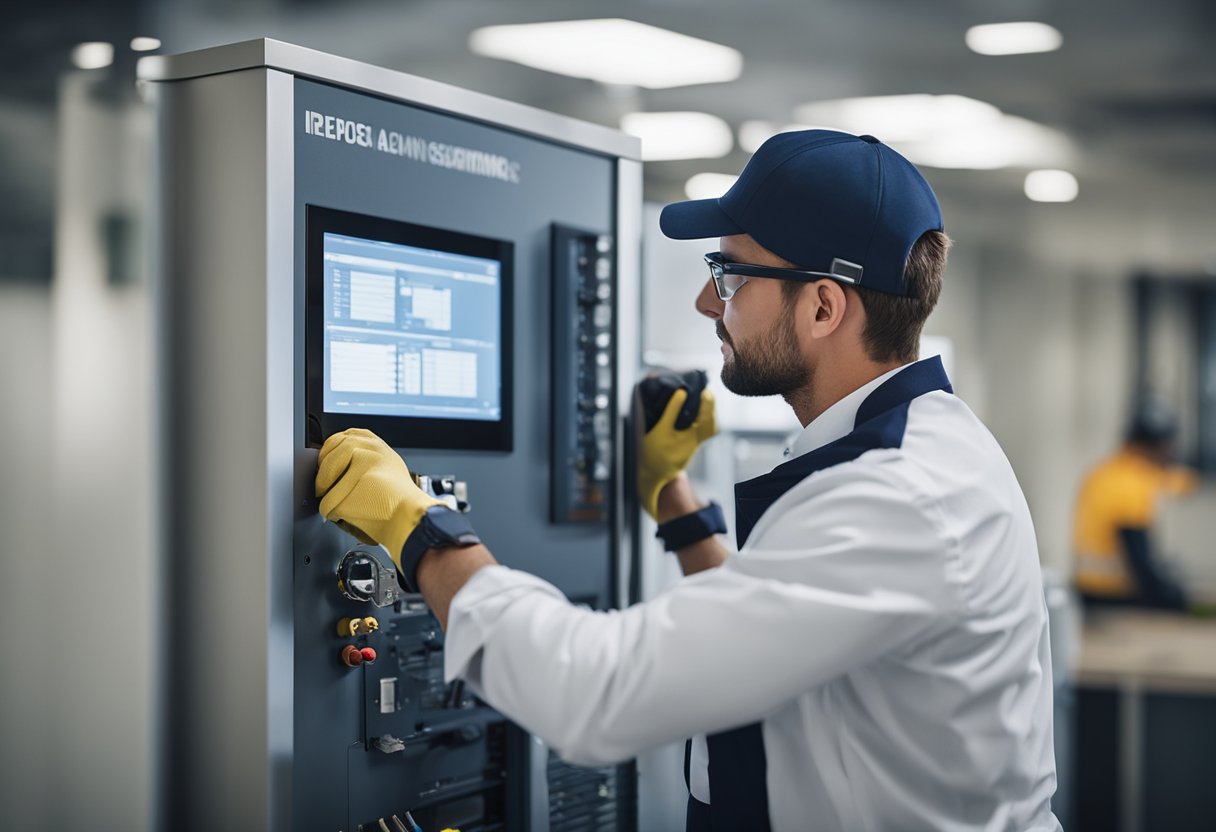 Sistemas de Alarmas 3 A technician installs and maintains alarm systems in a modern office building. The technician is seen working with various tools and equipment, ensuring the security system is fully operational