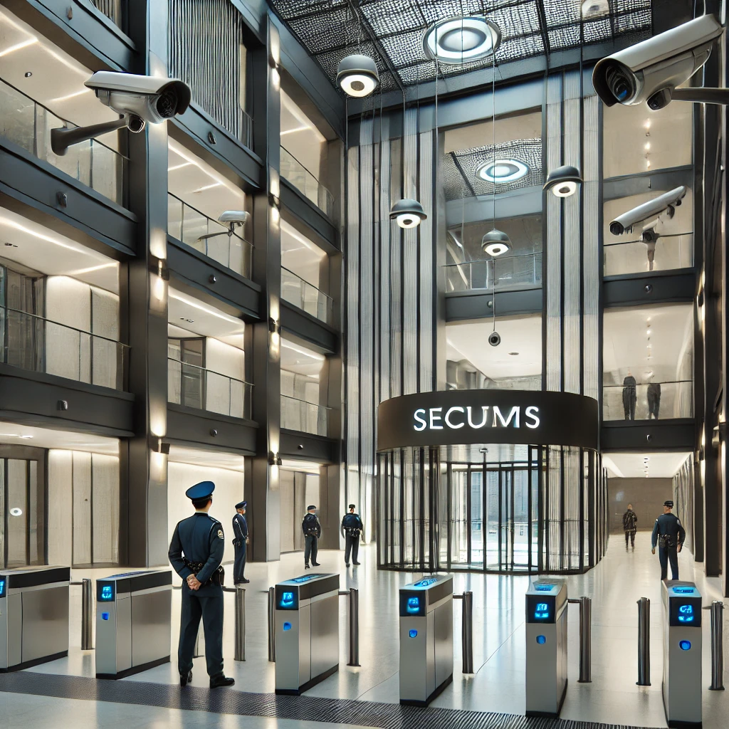 Guía completa de seguridad física 3 imagen del interior de un edificio moderno con sistemas de seguridad visibles, incluyendo cámaras de vigilancia en las esquinas, guardias uniformados patrullando la entrada, puertas reforzadas con cerraduras electrónicas, iluminación estratégica en todas las áreas y barreras de acceso controladas.